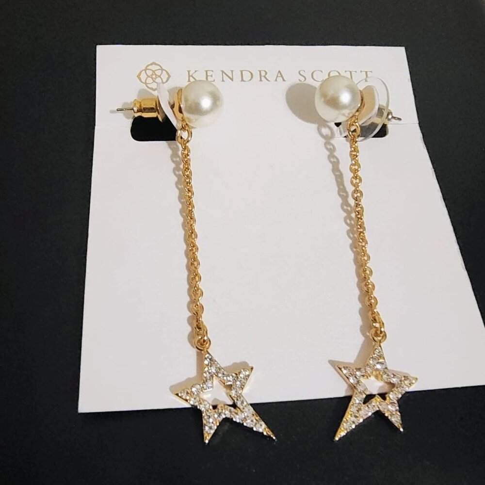 Kendra Scott Pearl Star Drop Earrings Gold Tone Chain Dangle Crystal Stars